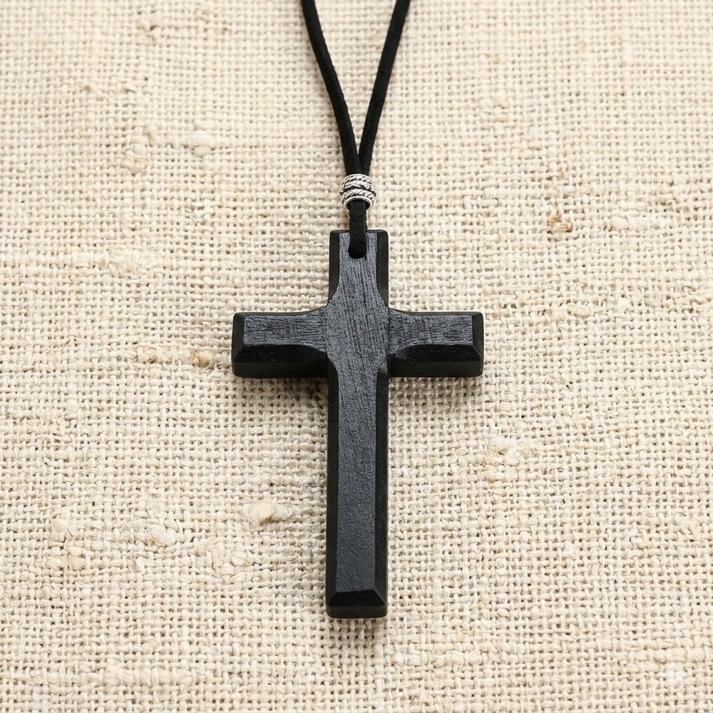 Handcrafted Black Wood Cross Necklace Adjustable Long Cord For Men Women & Kids